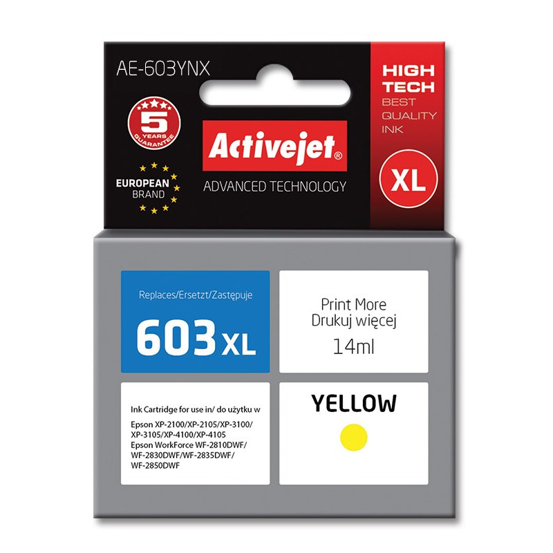 Kārtridžs Activejet AE-603YNX ink (replacement for Epson 603XL T03A44; Supreme; 14 ml; yellow) (AE-603YNX)