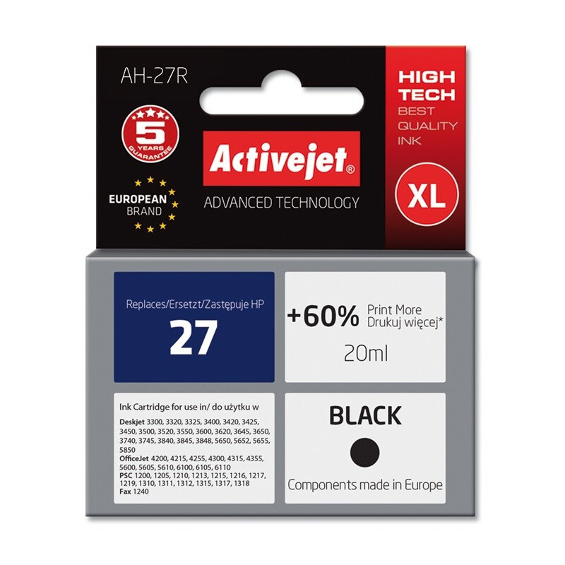Kārtridžs Activejet AH-27R Ink (replacement for HP 27 C8727A; Premium; 20 ml; black) (AH-27R)