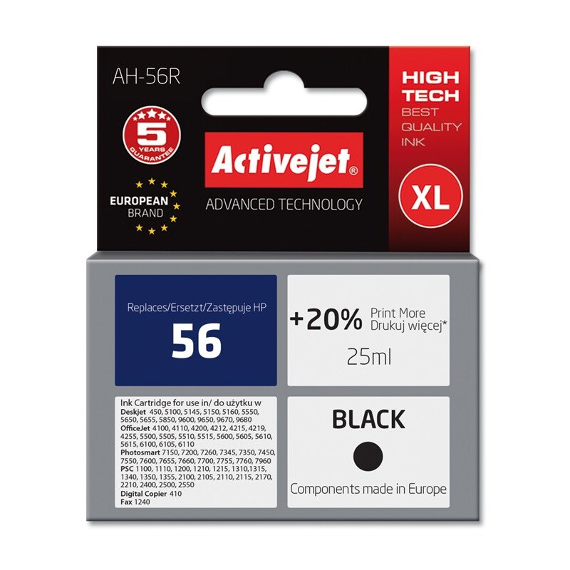 Kārtridžs Activejet AH-56R Ink (replacement for HP 56 C6656A; Premium; 25 ml; black) (AH-56R)