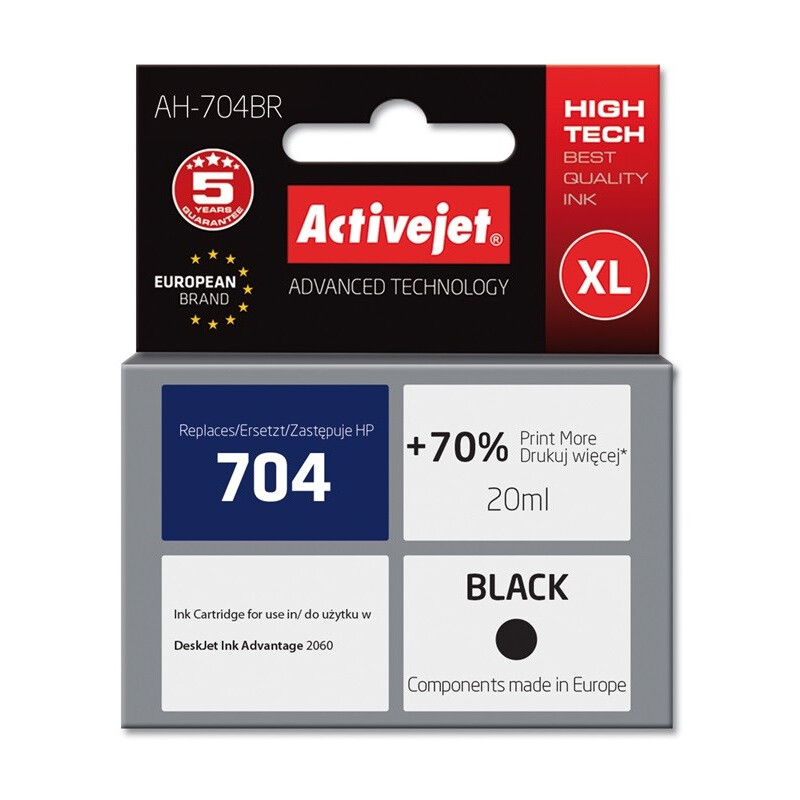 Druckkopfpatrone Activejet AH-704BR Ink, Compatible with HP 704 CN692AE; Premium; 20 ml; black. Prints 70% more. (AH-704BR)