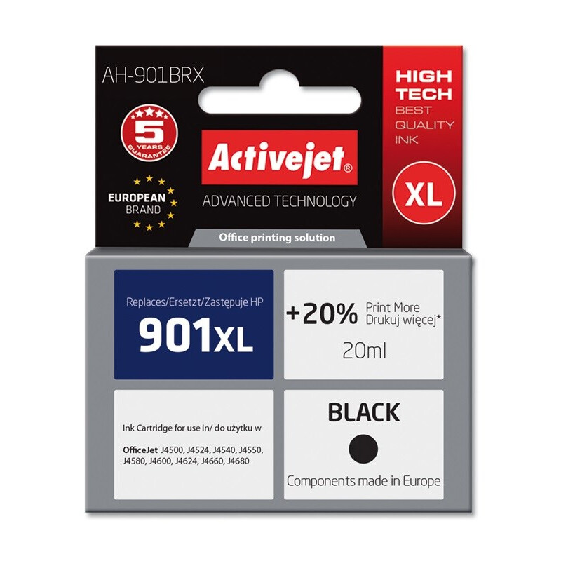 Kārtridžs Activejet AH-901BRX Ink (replacement for HP 901XL CC654AE; Premium; 20 ml; black) (AH-901BRX)