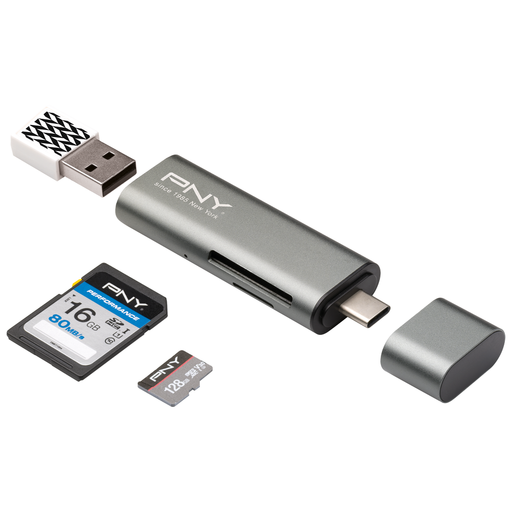 Adapteris PNY Type-C Card Reader & USB Adapter Silver (R-TC-UA-3N1E01-RB) - foto 3