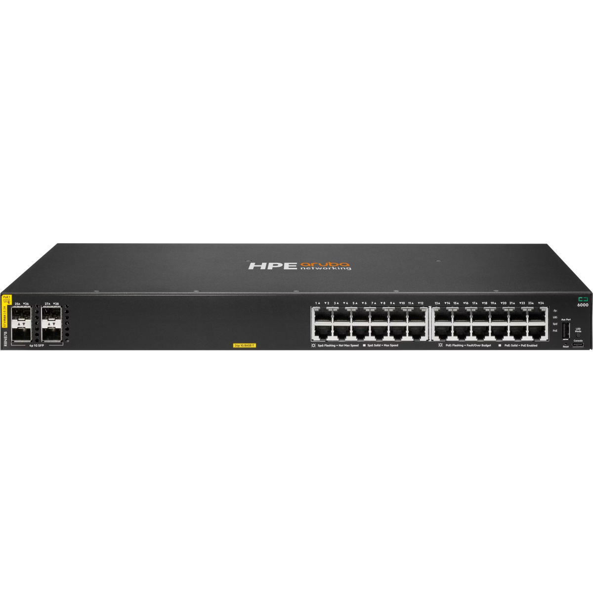 Slēdzis (komutators) HPE Aruba Networking CX 6000 24p 10M/100M/1G Class4 PoE 4p SFP 1G 370W Black (R8N87B/ABB)