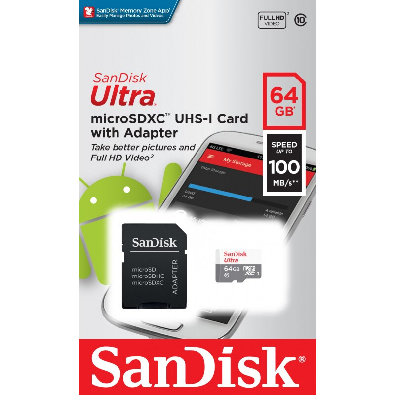 Speicherkarte 64GB MicroSD SanDisk Ultra + SD adapter (SDSQUNR-064G-GN3MA)